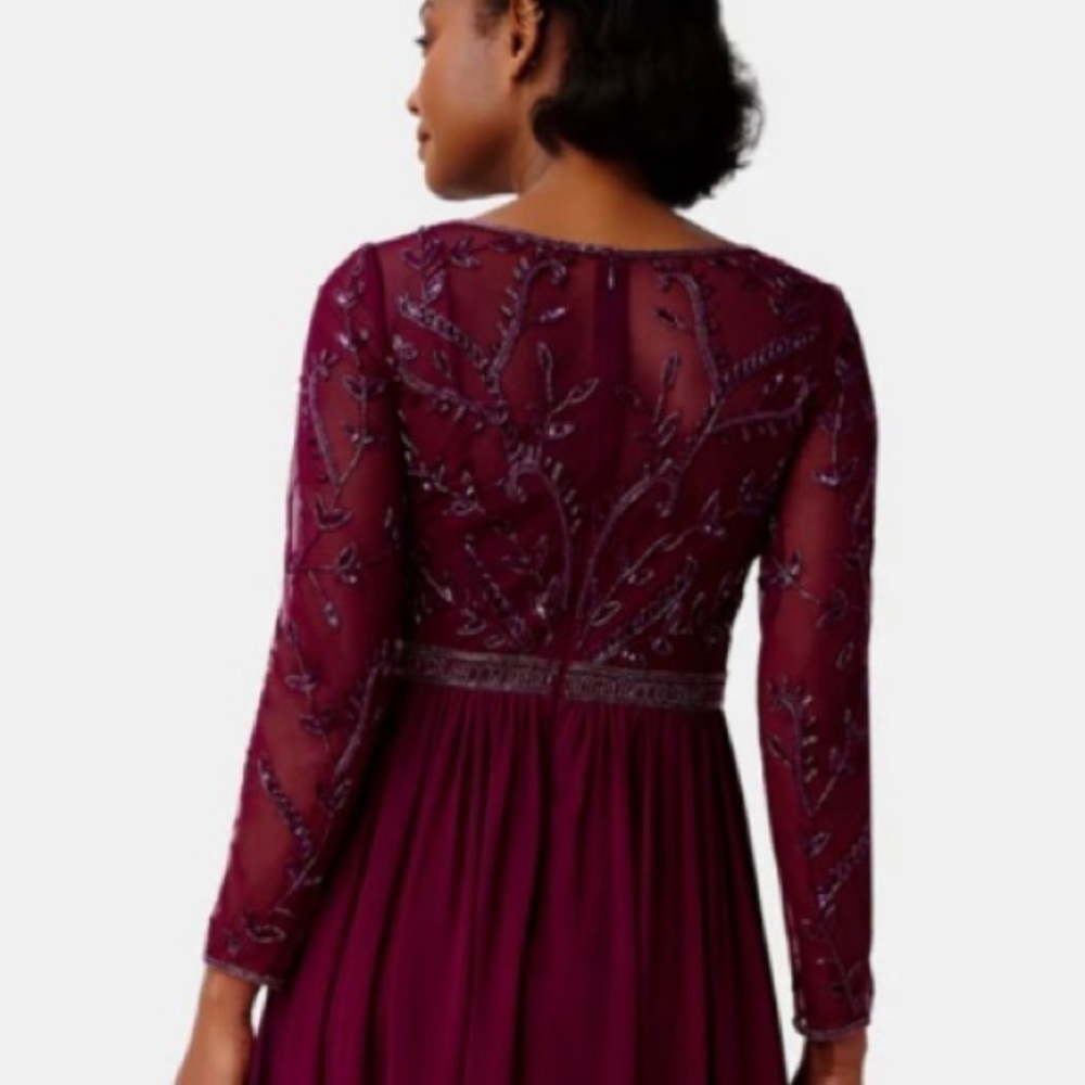 ADRIANNA PAPELL Illusion V-neck Long Sleeve Beaded Chiffon Gown in Bordeaux Sz 4 - Picture 4 of 6
